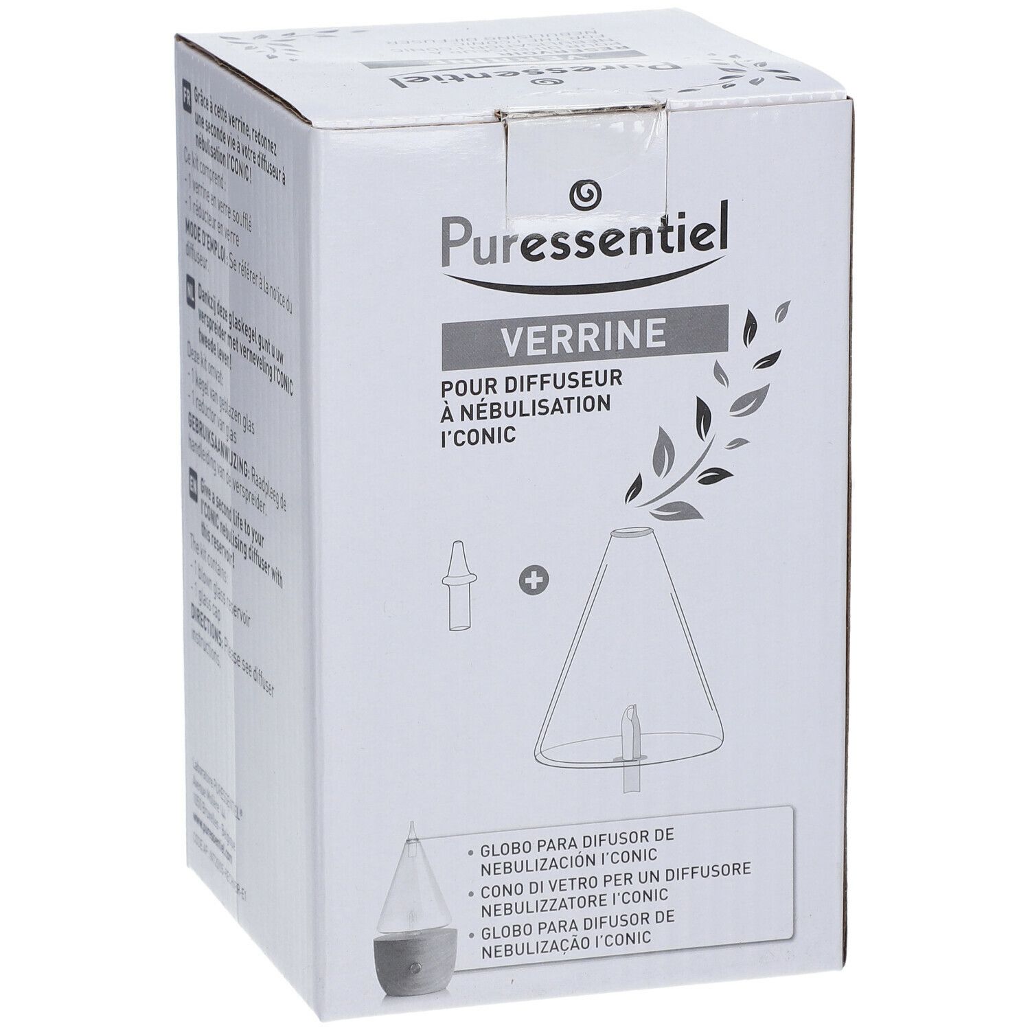 Boîte avec illustration du produit. Texte: Puressentiel, Verrine, pour diffuseur à nébulisation I'CONIC. Contient du verre pour le diffuseur.