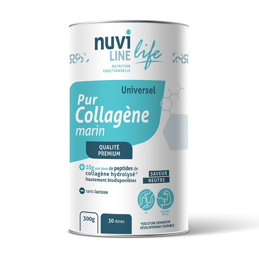 Zylindrische Dose mit "Pur Collagène marin". Text: "Qualité Premium", "300g", "30 doses", "sans lactose".