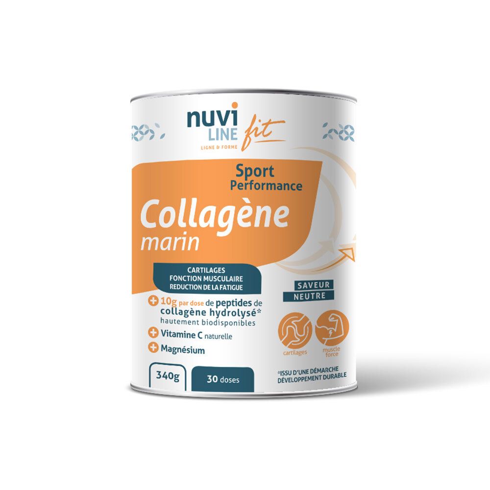 Boîte de Nuvi Line Fit Marine Collagen Sport. Étiquette orange avec informations produit. 340g, 30 doses.