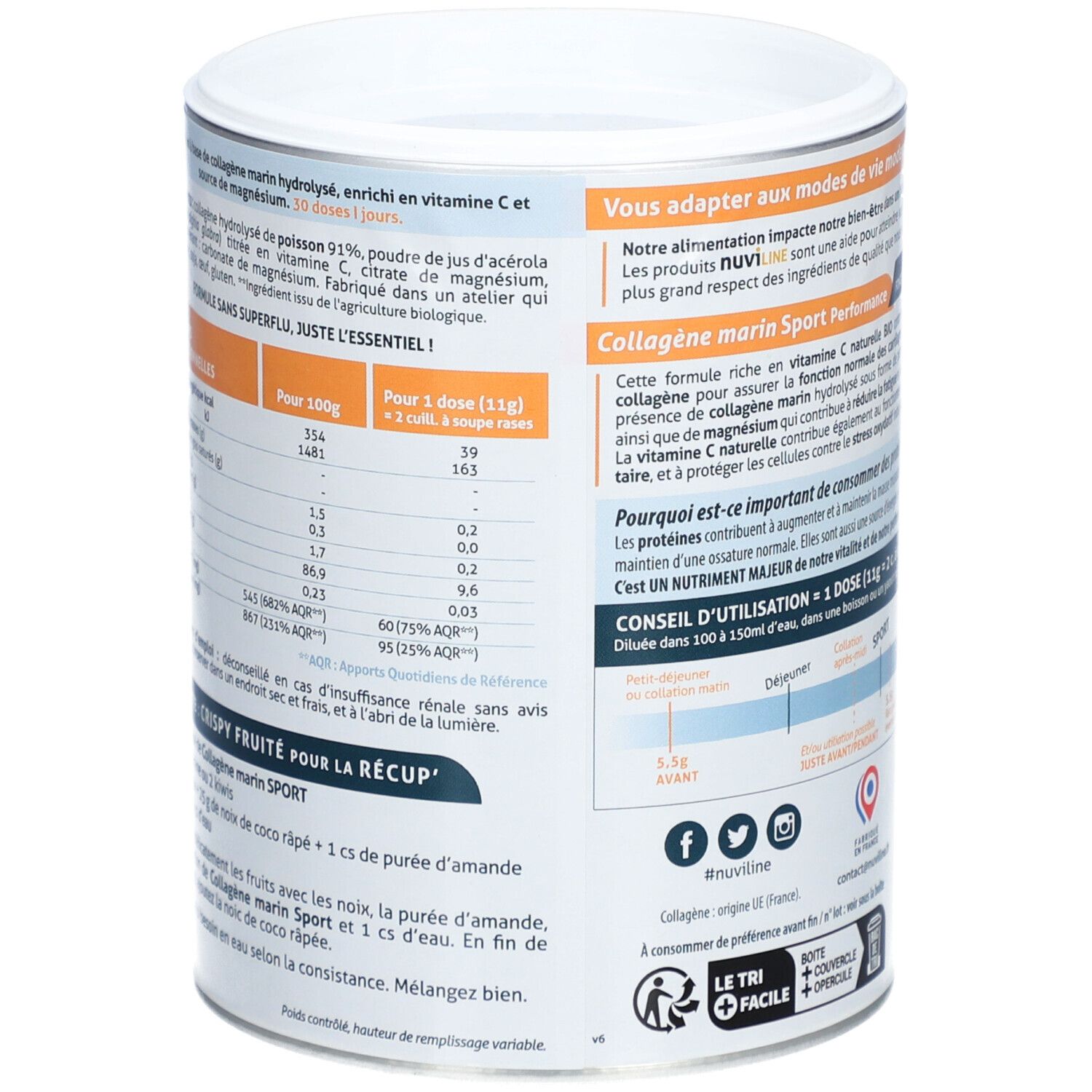 Rückseite der Dose mit Nährwertangaben und Rezept. Enthält Informationen über die Inhaltsstoffe und die empfohlene Tagesdosis.