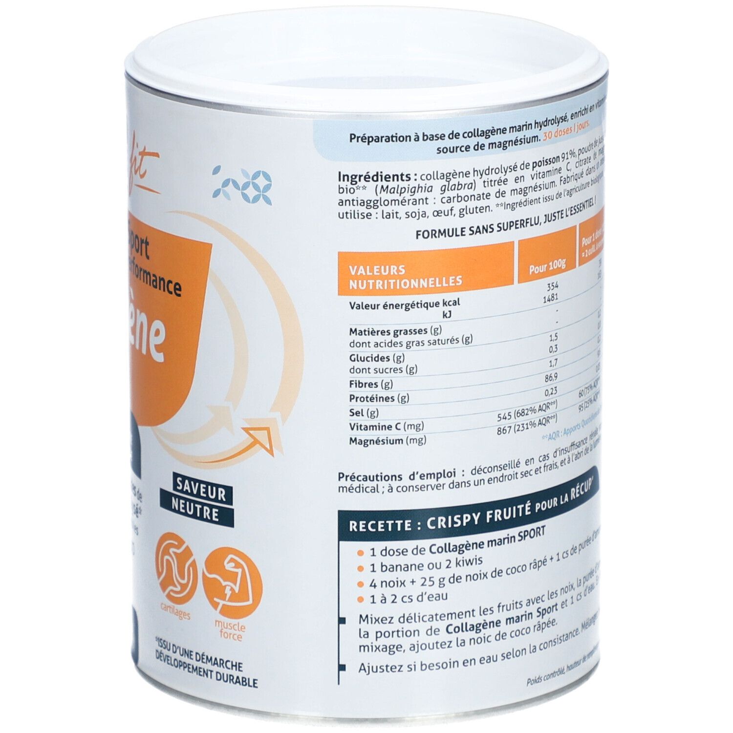 Rückseite der Dose mit Nährwertangaben und Rezept. Enthält Informationen über die Inhaltsstoffe und die empfohlene Tagesdosis.