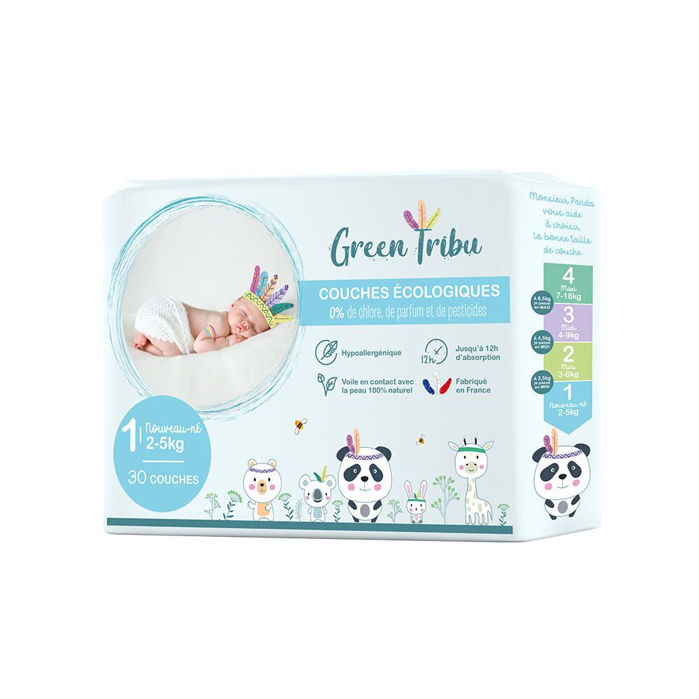 Verpackung von Green Tribu Öko-Windeln. Baby-Illustration, Produktbezeichnung, Größenangabe, 30 Windeln, Zertifizierungen.