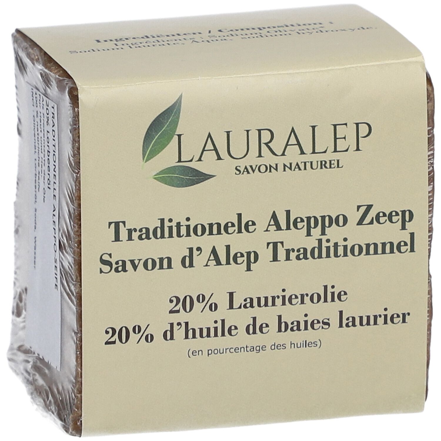 Blockseife in Verpackung. Aufschrift: LAURALEP, Traditionelle Aleppo Zeep, 20% Lorbeeröl. Seitenansicht.
