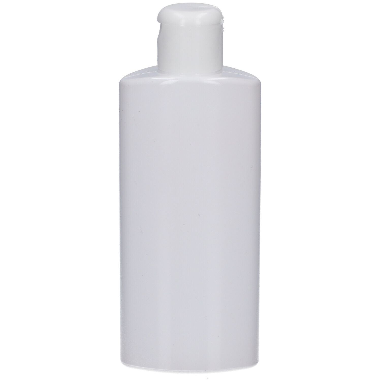 Flacon cylindrique blanc avec bouchon rabattable blanc.