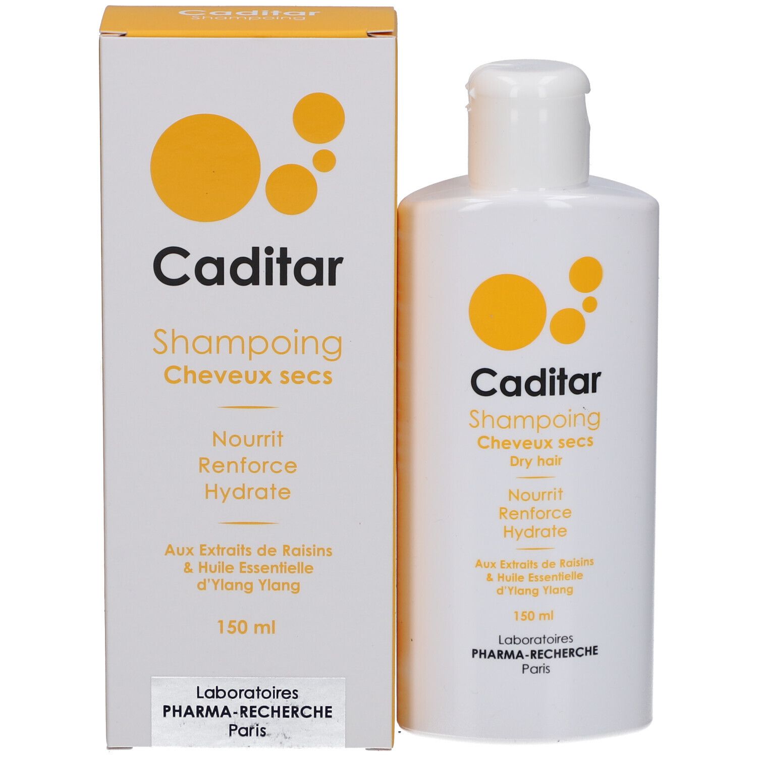 Emballage produit avec flacon et carton. Inscription: Caditar, Shampoing Cheveux secs, Nourrit, Renforce, Hydrate.