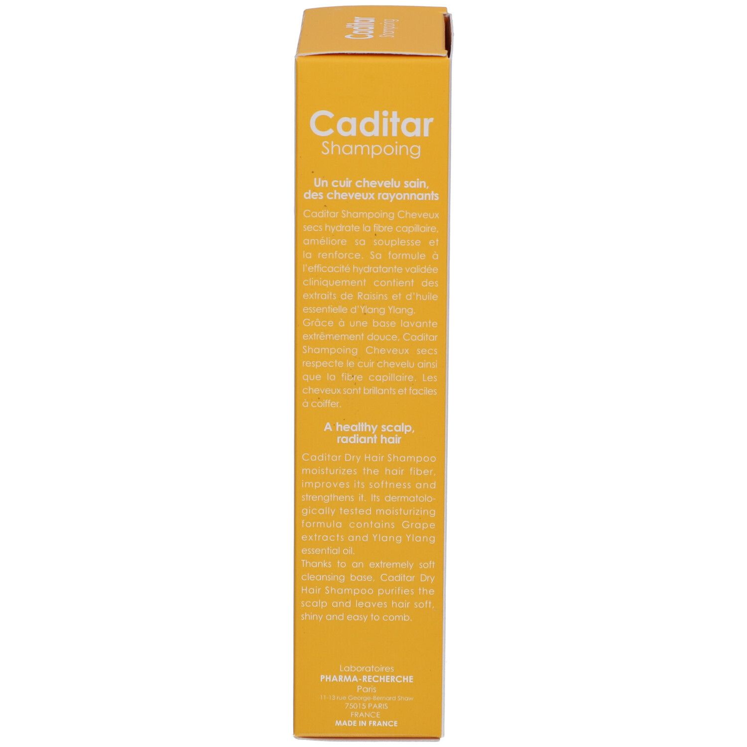 Emballage carton jaune avec texte. Contient des informations sur le produit et les ingrédients.