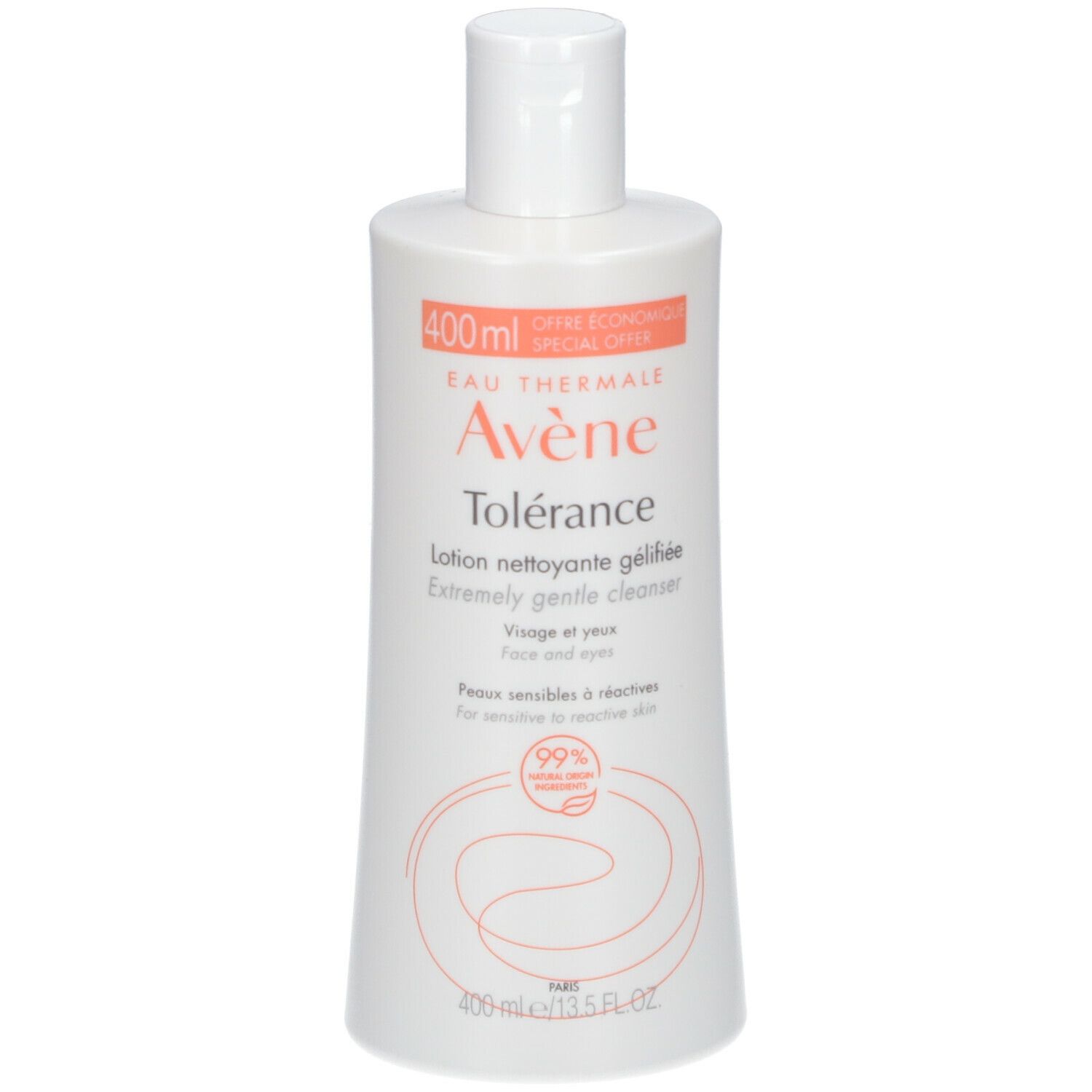 Flacon blanc avec bouchon blanc. Inscription: Eau Thermale Avène, Tolérance, Lotion nettoyante gélifiée. 400ml.