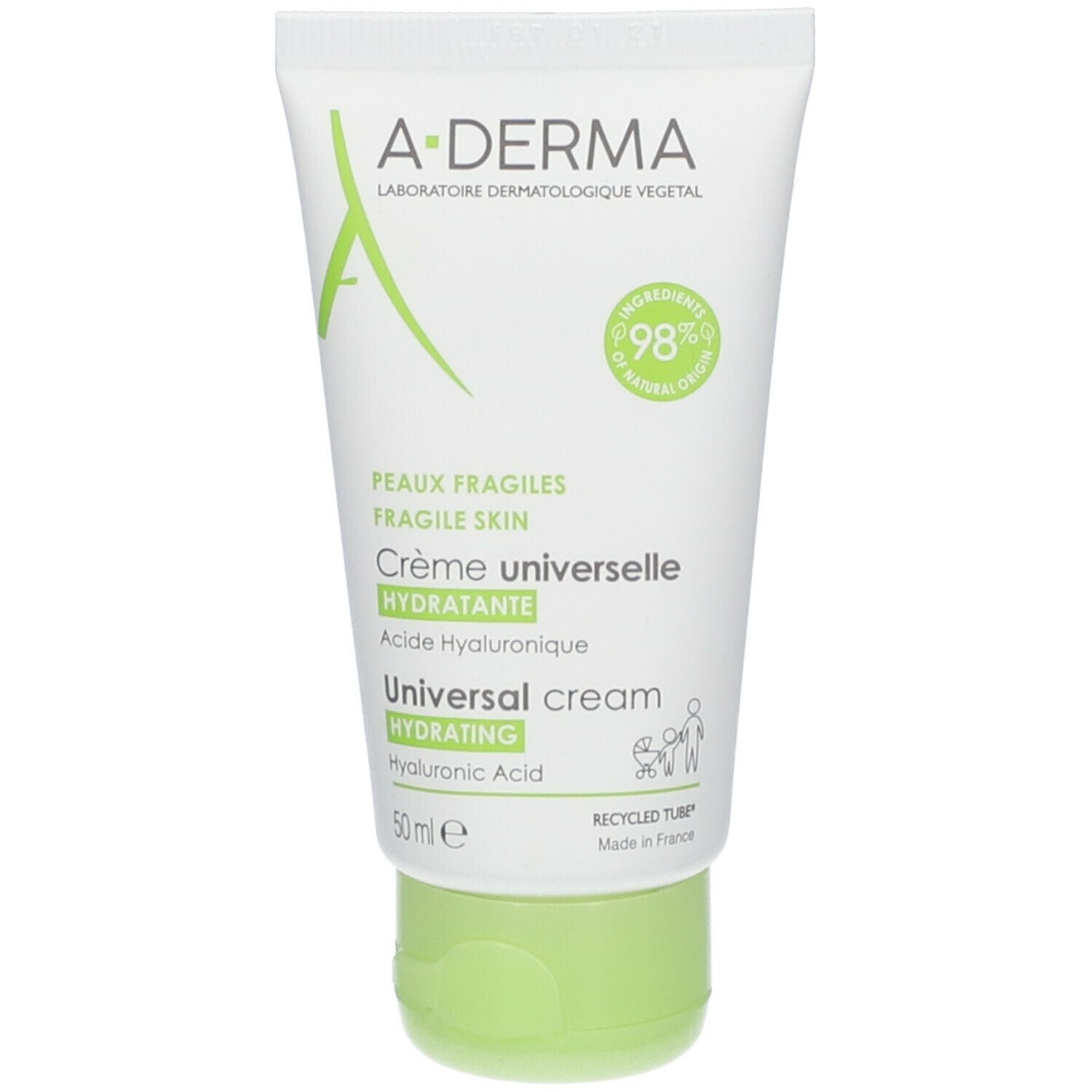 Weiße Tube mit grünem Deckel. Aufschrift: A-DERMA, Crème universelle hydratante, 98% Inhaltsstoffe natürlichen Ursprungs. 50 ml.