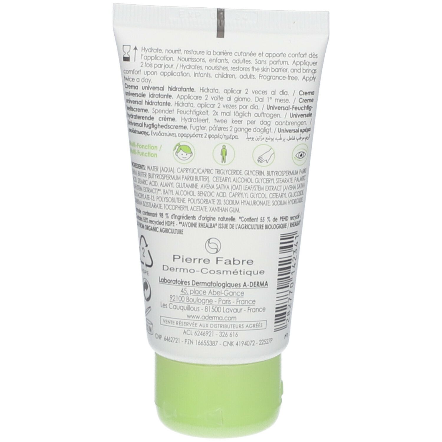 Rückseite der Tube. Text in mehreren Sprachen. Hersteller: Pierre Fabre Dermo-Cosmétique. Recycling-Logo.