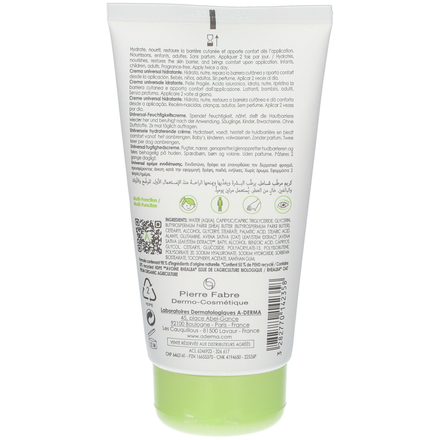 Dos du tube. Texte multilingue. Code QR, logos de recyclage et ingrédients. Bouchon vert.