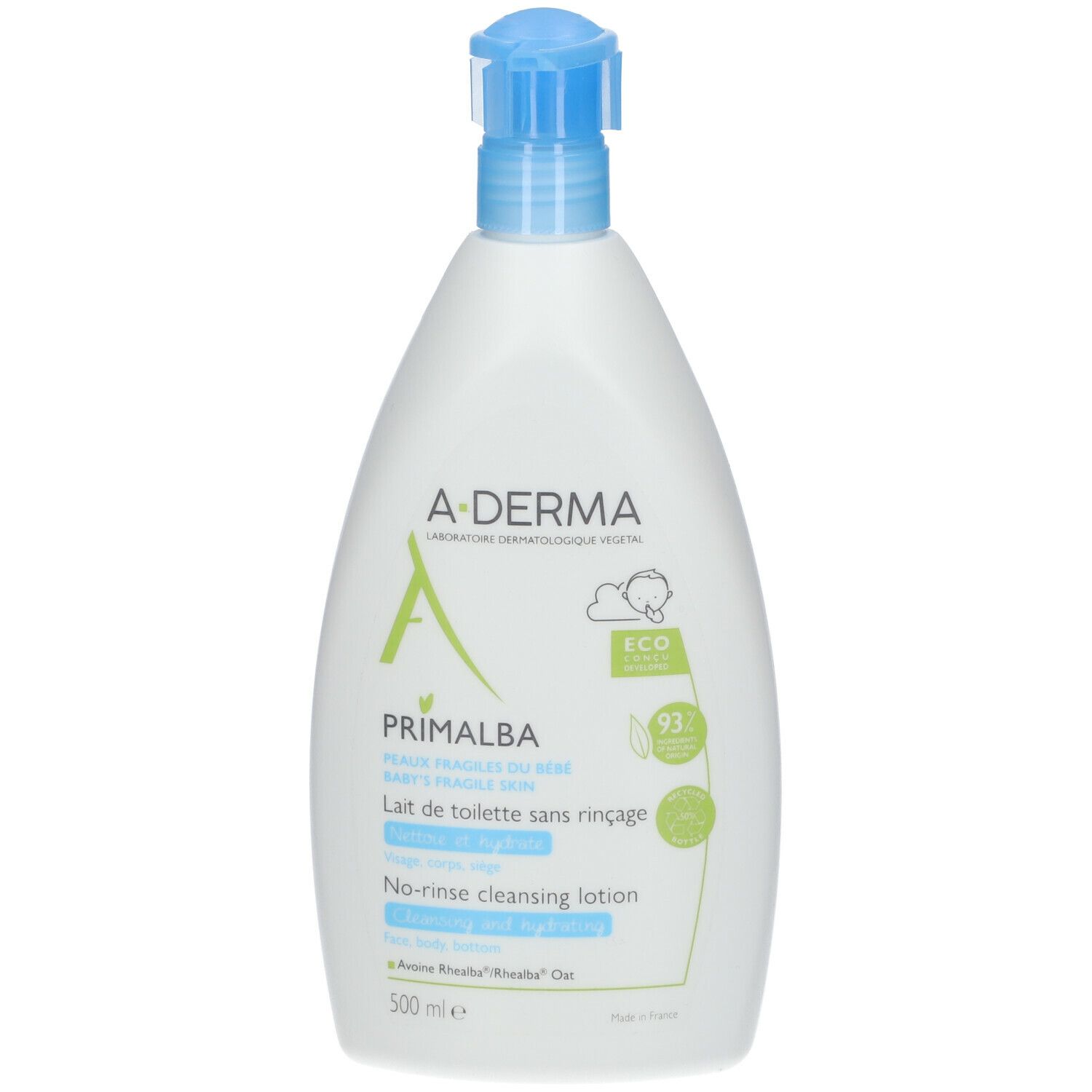 Flacon blanc avec pompe bleue. A-DERMA PRIMALBA, lait nettoyant pour bébés. Texte en français et en anglais.