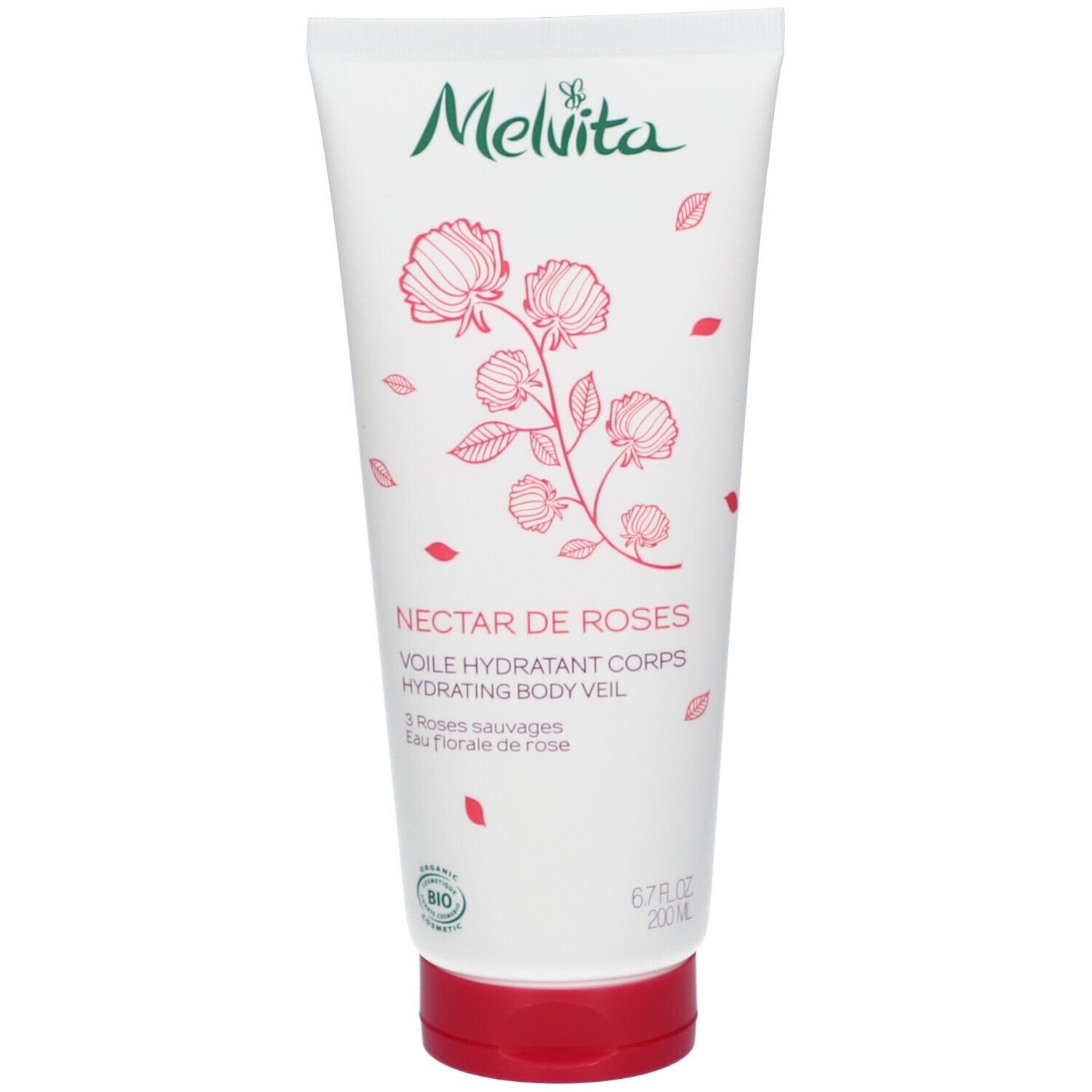 Tube blanche, bouchon rouge. Inscription: Melvita, Nectar de Roses, dessin floral, texte.