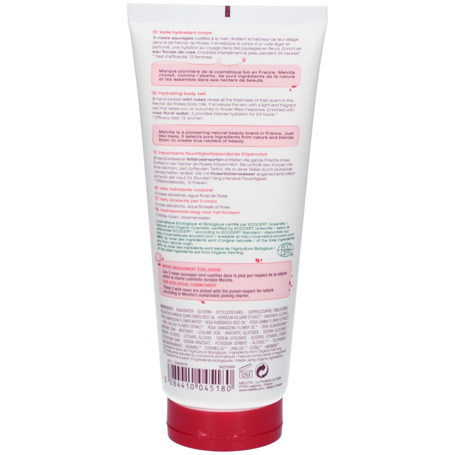 Dos du tube. Texte multilingue, dont le français. Label bio vert.