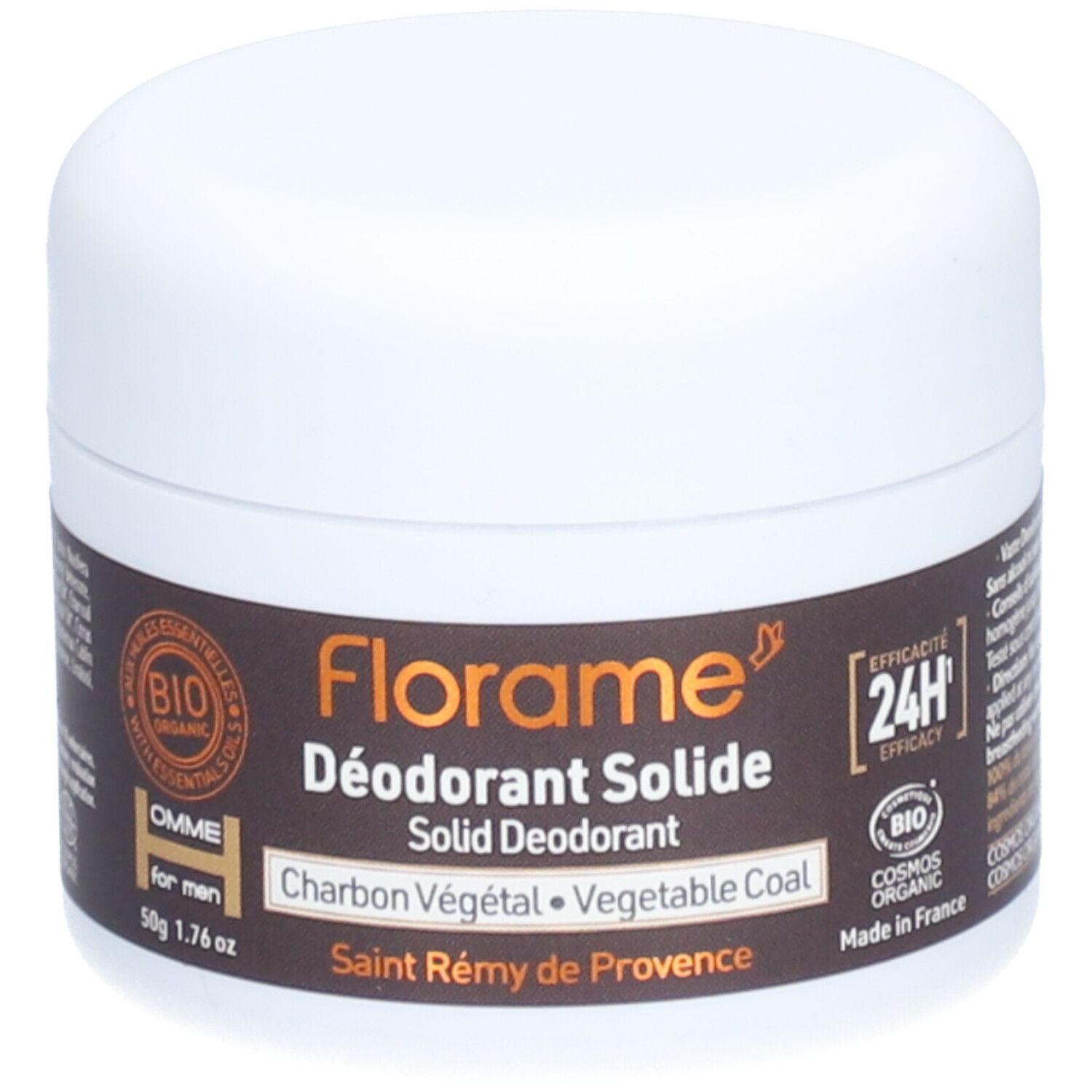 Pot blanc avec étiquette marron. Inscription: Florame Déodorant Solide, Charbon Végétal. Certification bio.