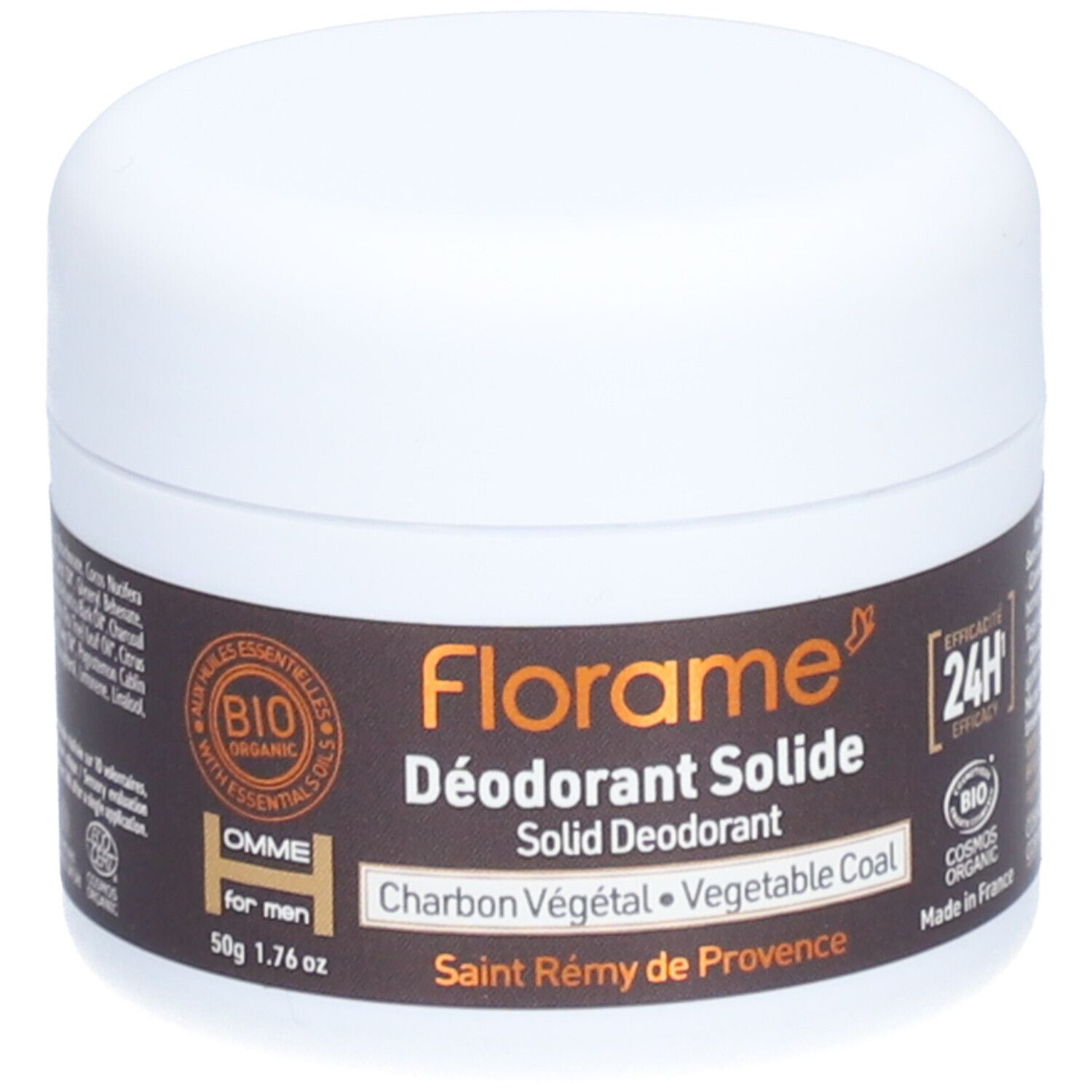 Pot blanc avec étiquette marron. Inscription: Florame Déodorant Solide, Charbon Végétal. Certification bio.