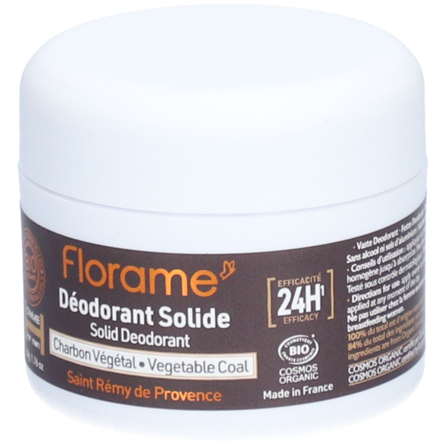 Pot blanc avec étiquette marron. Inscription: Florame Déodorant Solide, Charbon Végétal. Efficacité 24H.