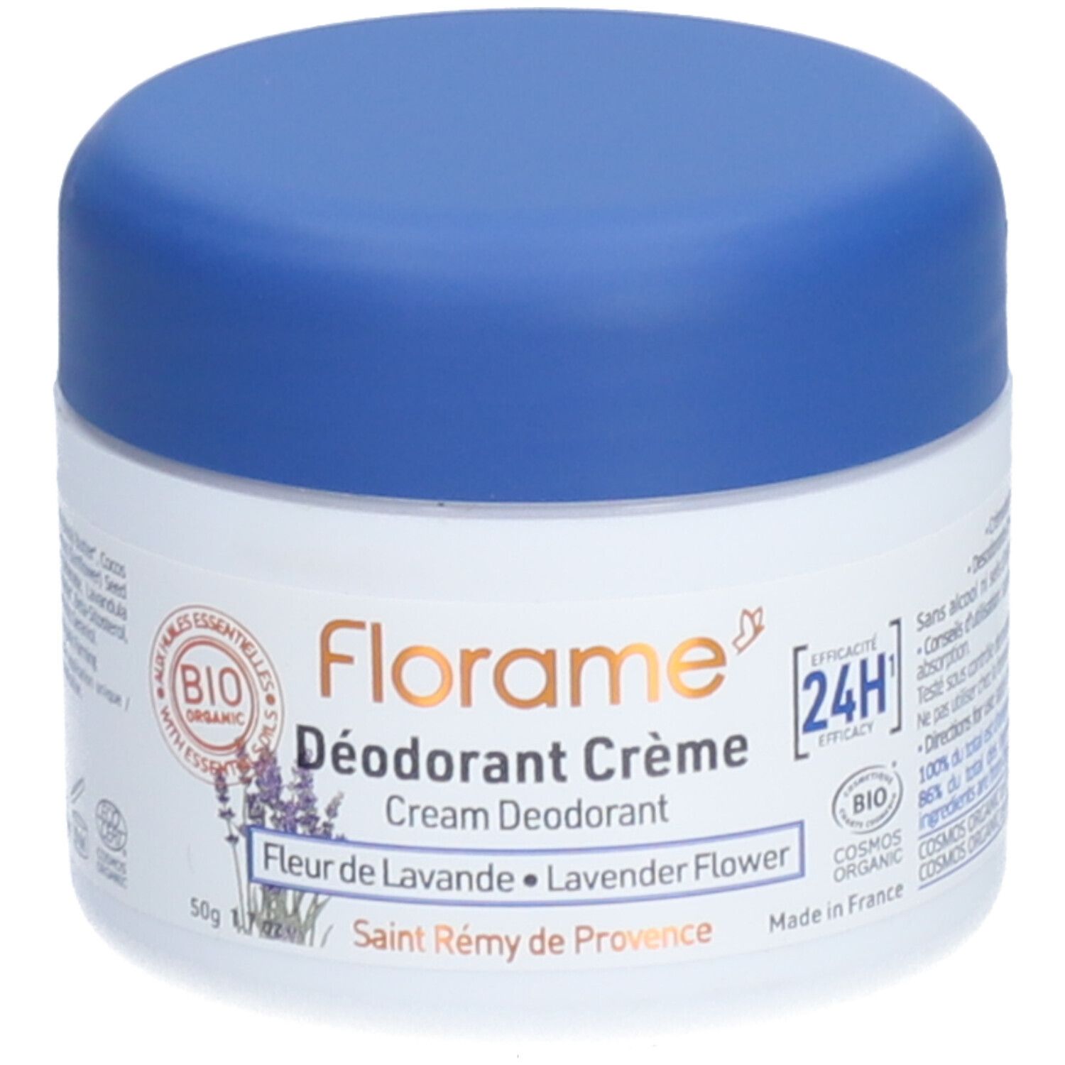 Déodorant crème Florame, pot blanc et couvercle bleu. Inscription: Déodorant Crème, Fleur de Lavande. Certification bio.