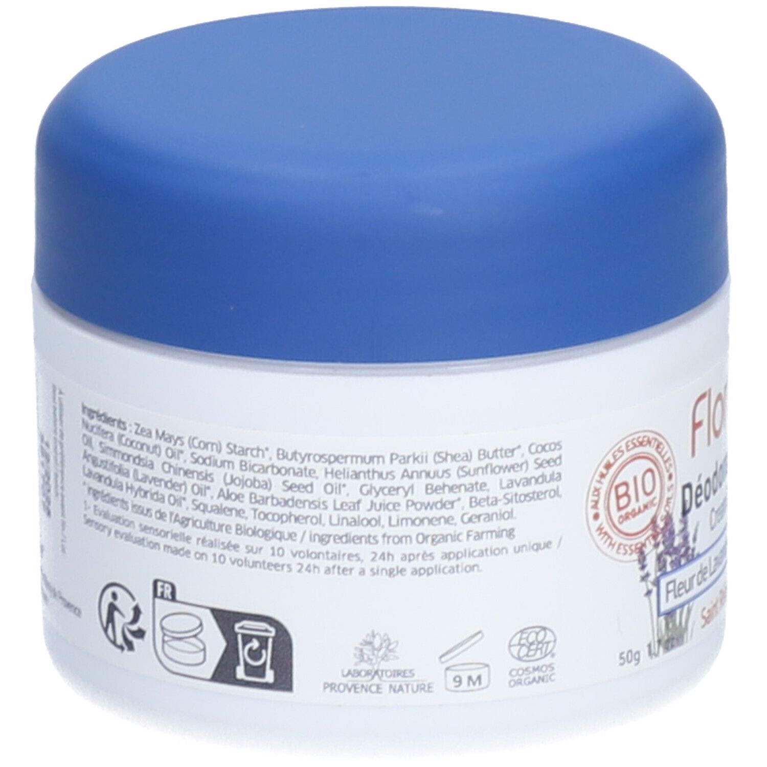 Dos du pot de déodorant crème. Ingrédients et certifications bio. Informations sur l'utilisation et la durée de conservation.