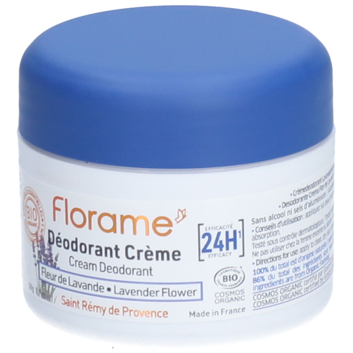 Déodorant crème Florame, pot blanc et couvercle bleu. Inscription: Déodorant Crème, Fleur de Lavande. Efficacité 24H.