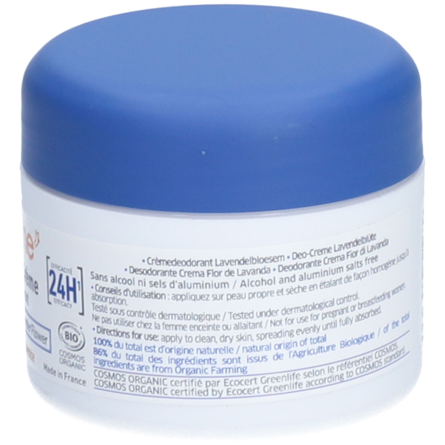 Dos du pot de déodorant crème. Informations d'utilisation, ingrédients et certifications bio. Efficacité 24H.