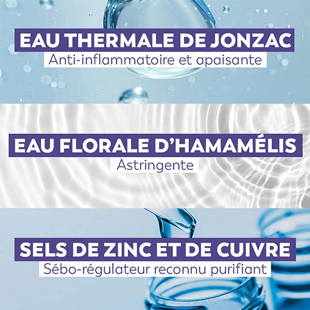 Graphique textuel avec ingrédients : Eau thermale, eau florale d'hamamélis, sels de zinc et de cuivre.