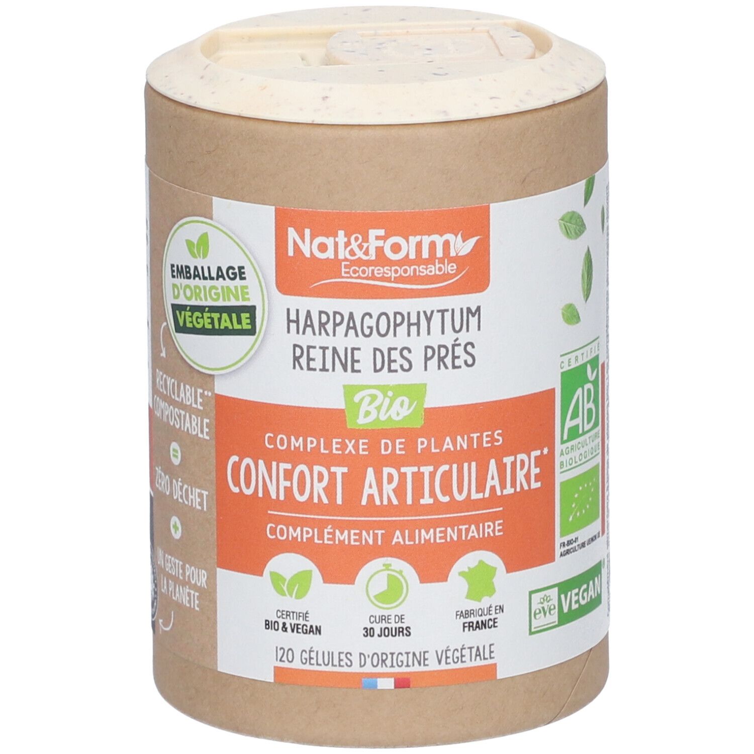 Zylindrische Dose mit Produktetikett. Text: Harpagophytum Reine des Prés, Bio, Confort Articulaire, 120 Kapseln. Zertifizierungen: AB, Vegan.