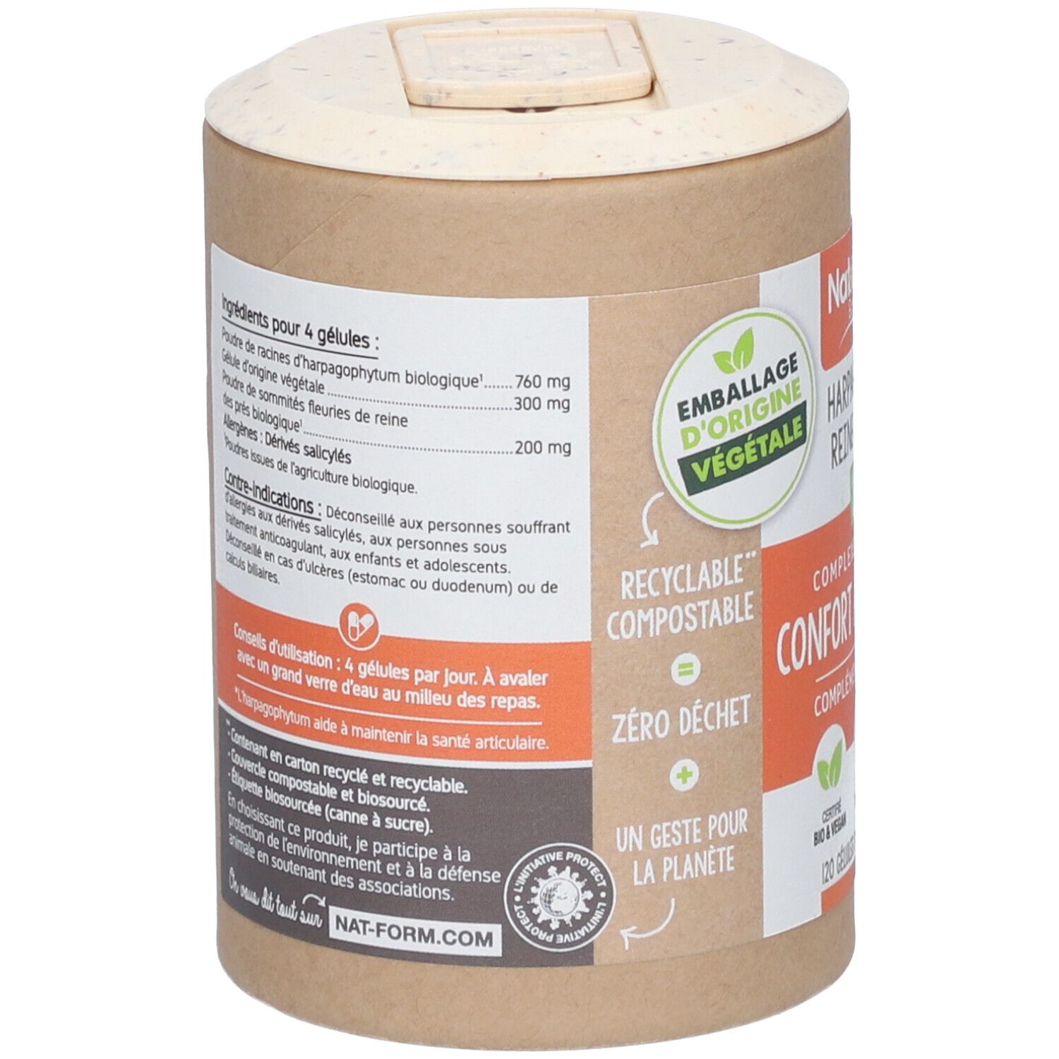 Rückseite der Dose. Text: Zutaten, Gebrauchsanweisung, Warnhinweise. Verpackung: recycelbar, kompostierbar, Zero Waste. Logo: Nat&Form.