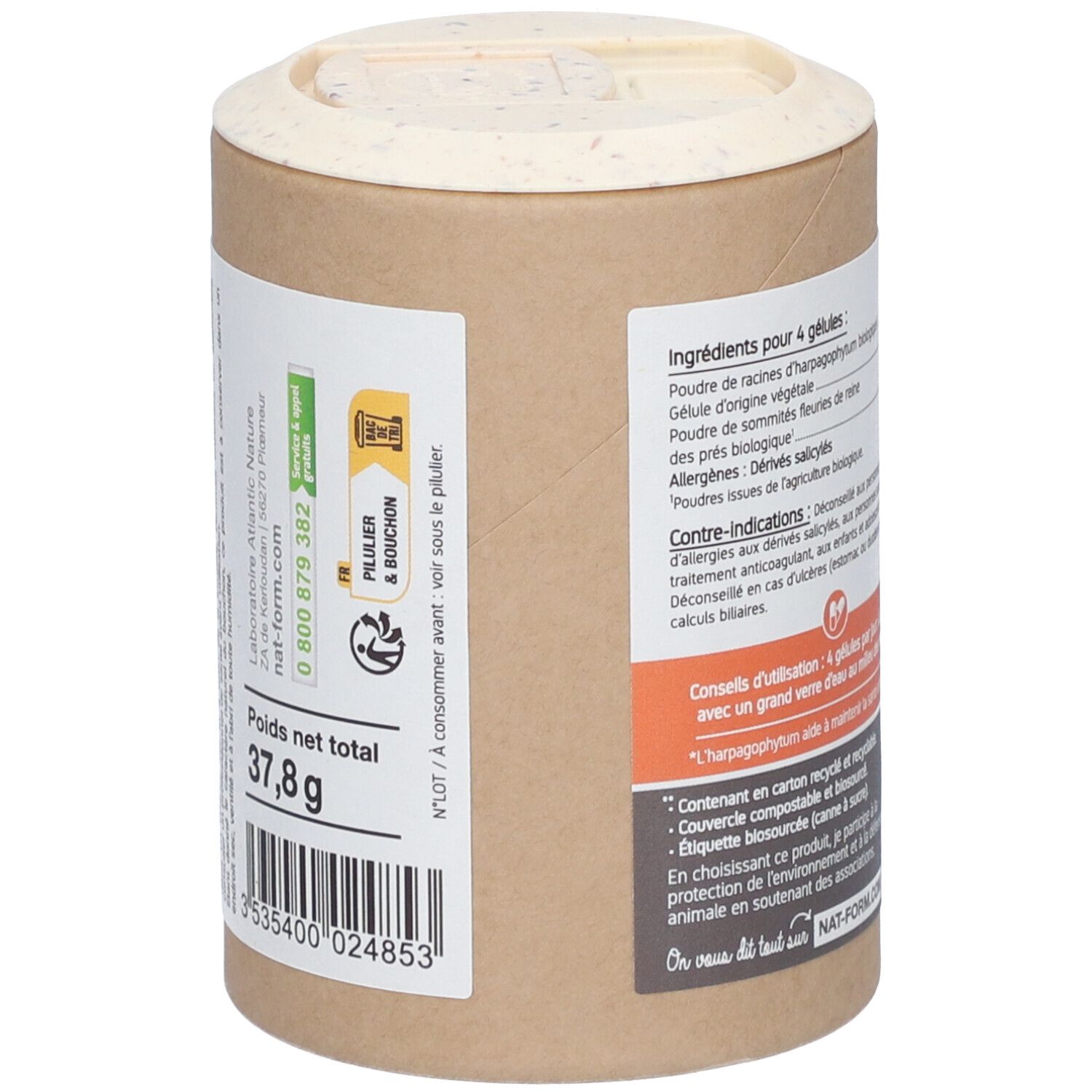 Dose, Seitenansicht. Text: Nettogewicht 37,8 g. Barcode. Logo: Nat&Form. Zertifizierungen: AB, Vegan.