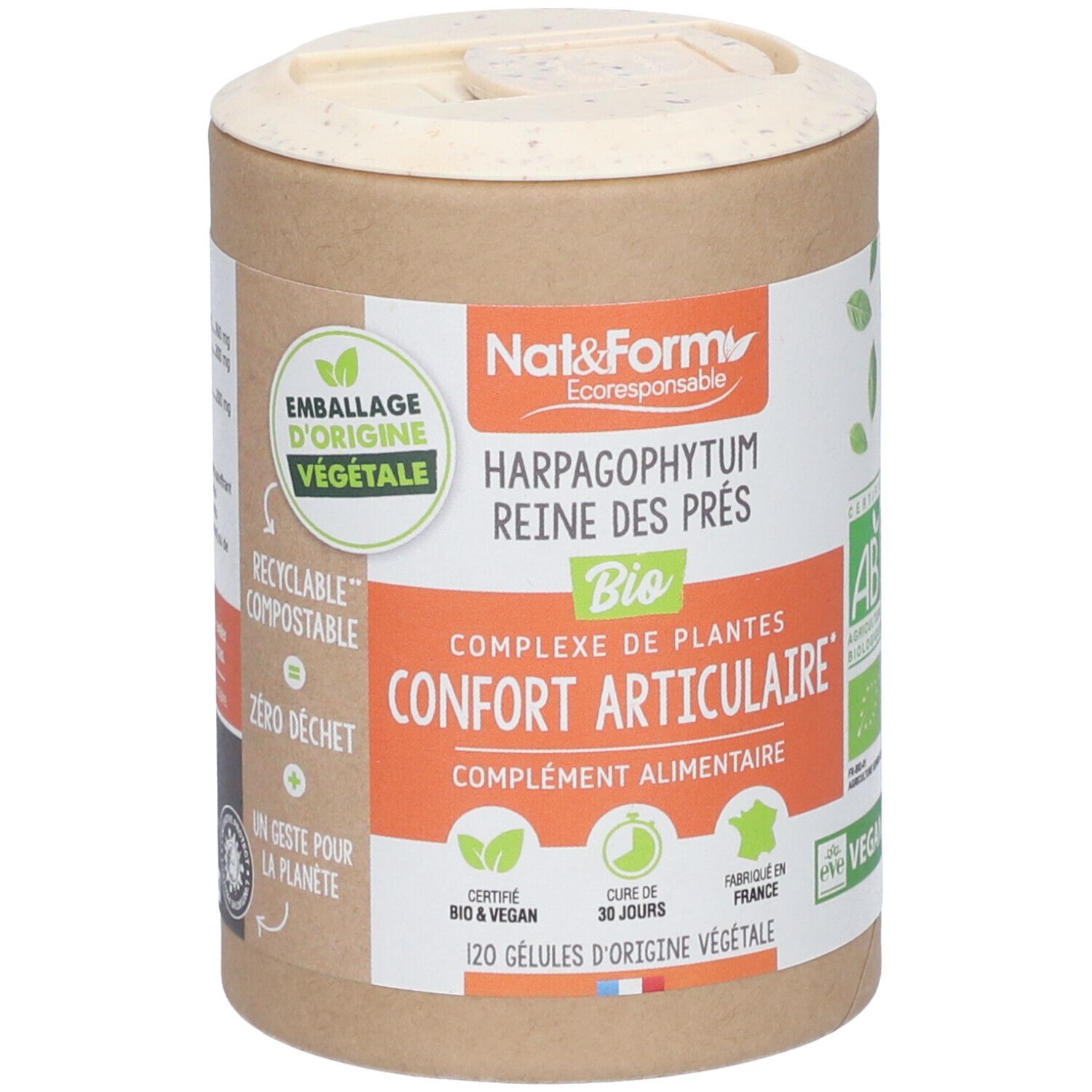 Zylindrische Dose mit Produktetikett. Text: Harpagophytum Reine des Prés, Bio, Confort Articulaire, 120 Kapseln. Zertifizierungen: AB, Vegan.