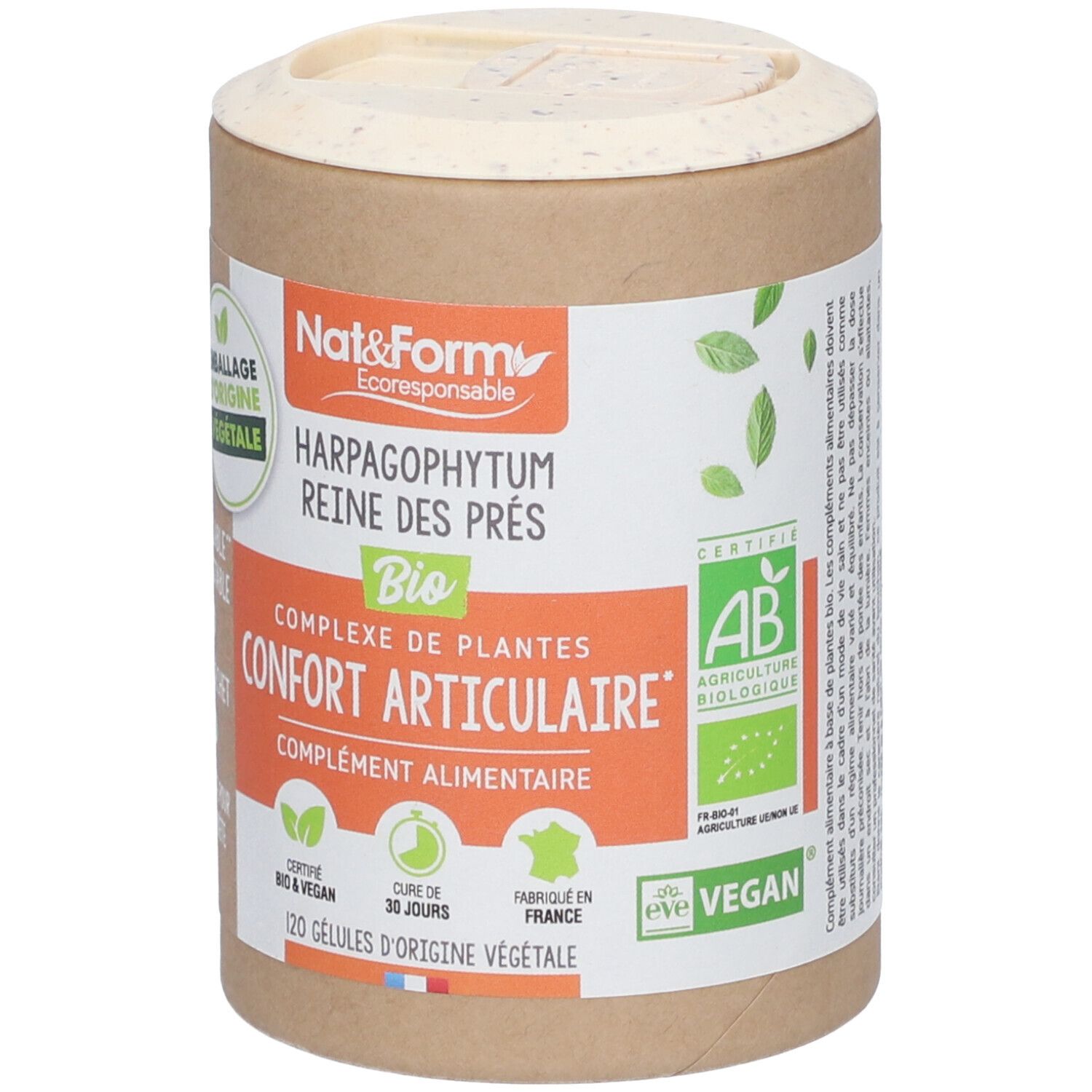 Zylindrische Dose mit Produktetikett. Text: Harpagophytum Reine des Prés, Bio, Confort Articulaire, 120 Kapseln. Zertifizierungen: AB, Vegan.