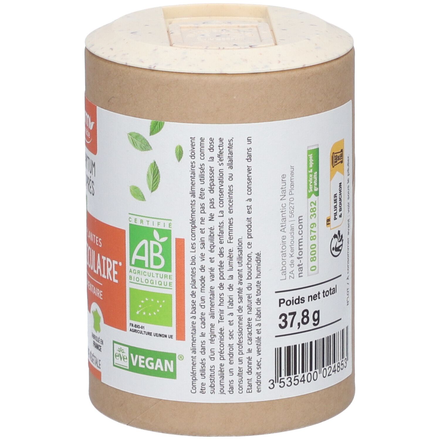 Rückseite der Dose. Text: Nettogewicht 37,8 g. Zertifizierungen: AB, Vegan. Hinweise zur Lagerung. Logo: Nat&Form.