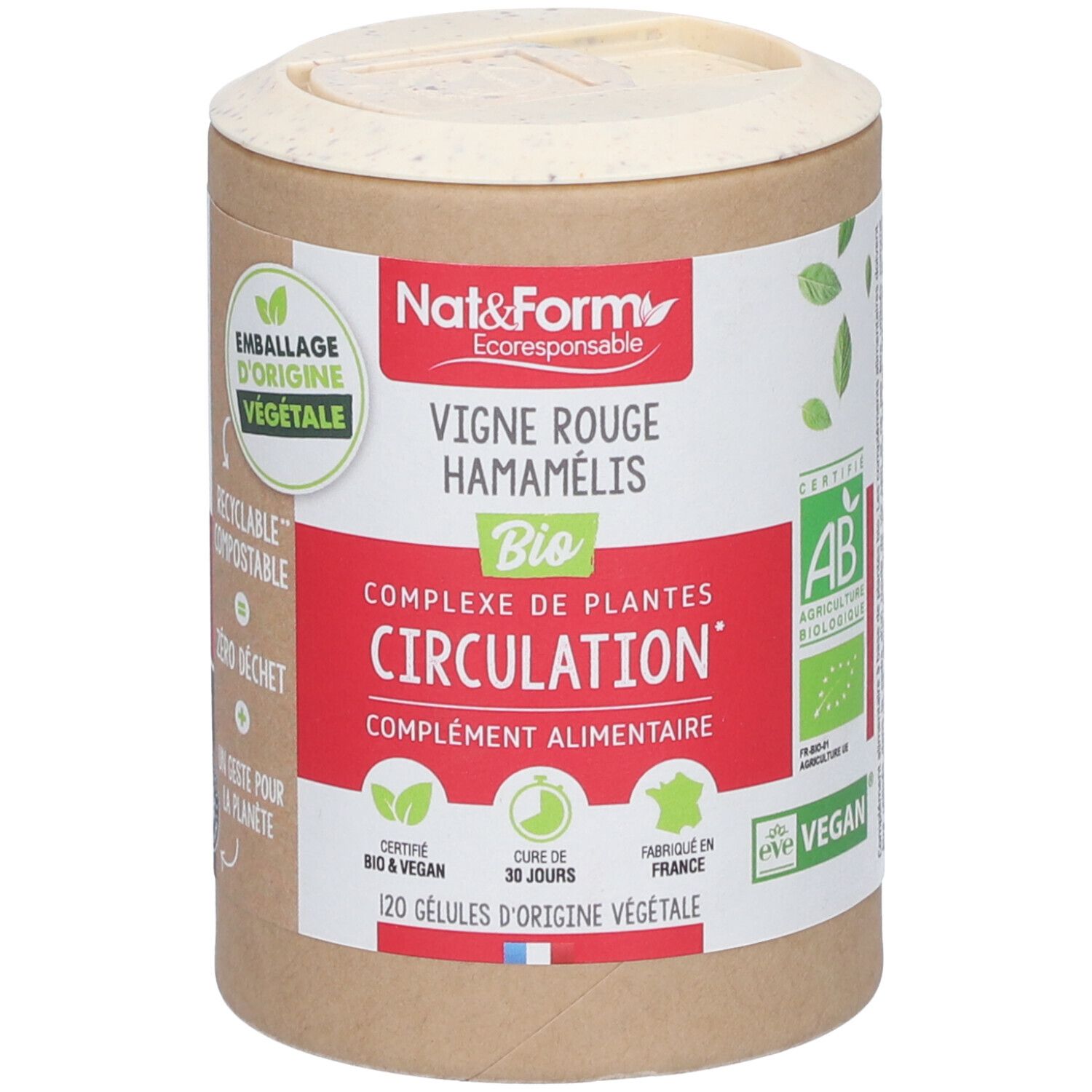Boîte cylindrique de gélules. Inscription: Nat&Form, Vigne rouge Hamamélis Bio, Circulation. Certifié bio, vegan.