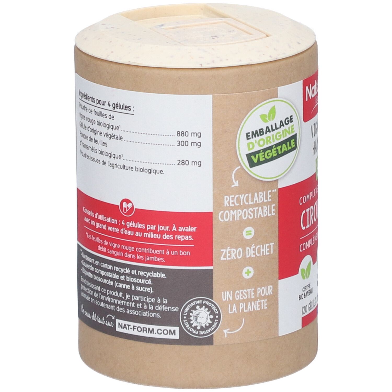 Dos de la boîte. Liste des ingrédients pour 4 gélules. Texte sur l'emballage recyclable et compostable. Logo Nat-Form.