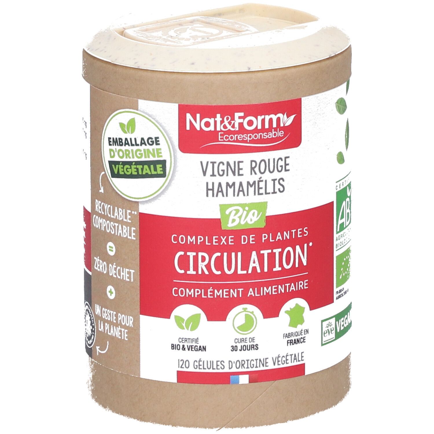 Boîte cylindrique de gélules. Inscription: Nat&Form, Vigne rouge Hamamélis Bio, Circulation. Certifié bio, vegan.