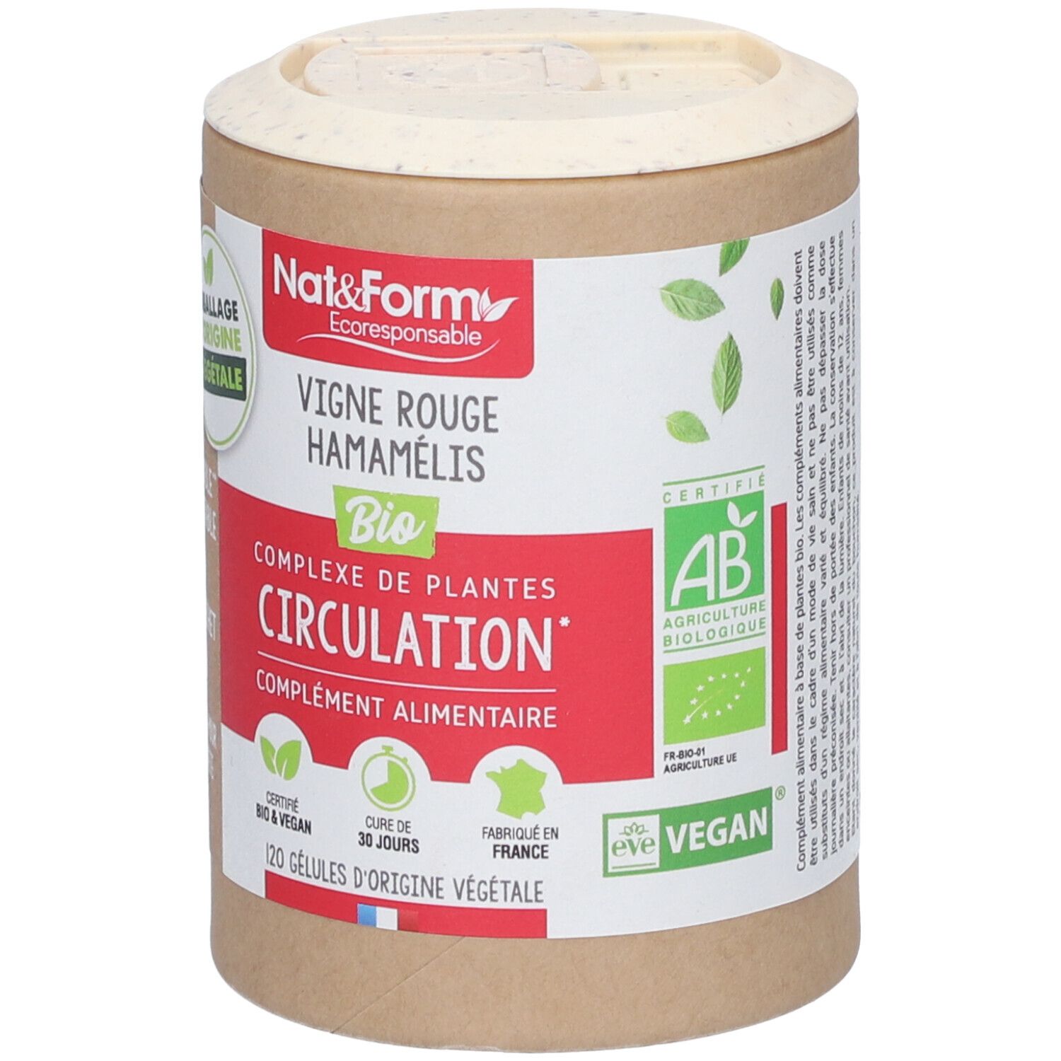 Boîte cylindrique de gélules. Inscription: Nat&Form, Vigne rouge Hamamélis Bio, Circulation. Certifié bio, vegan.