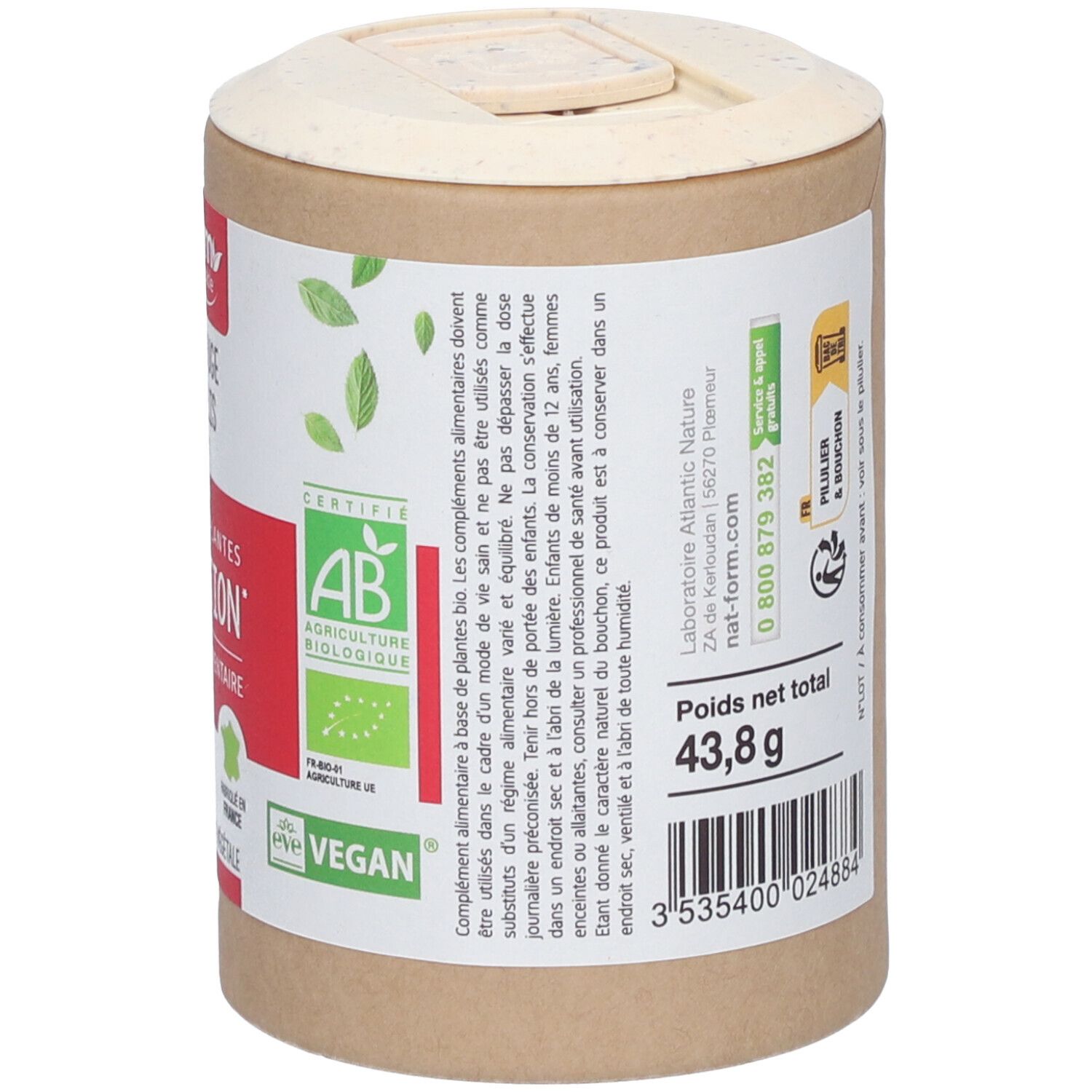 Dos de la boîte. Texte sur les compléments alimentaires. Certification bio, vegan. Poids net total 43,8 g.