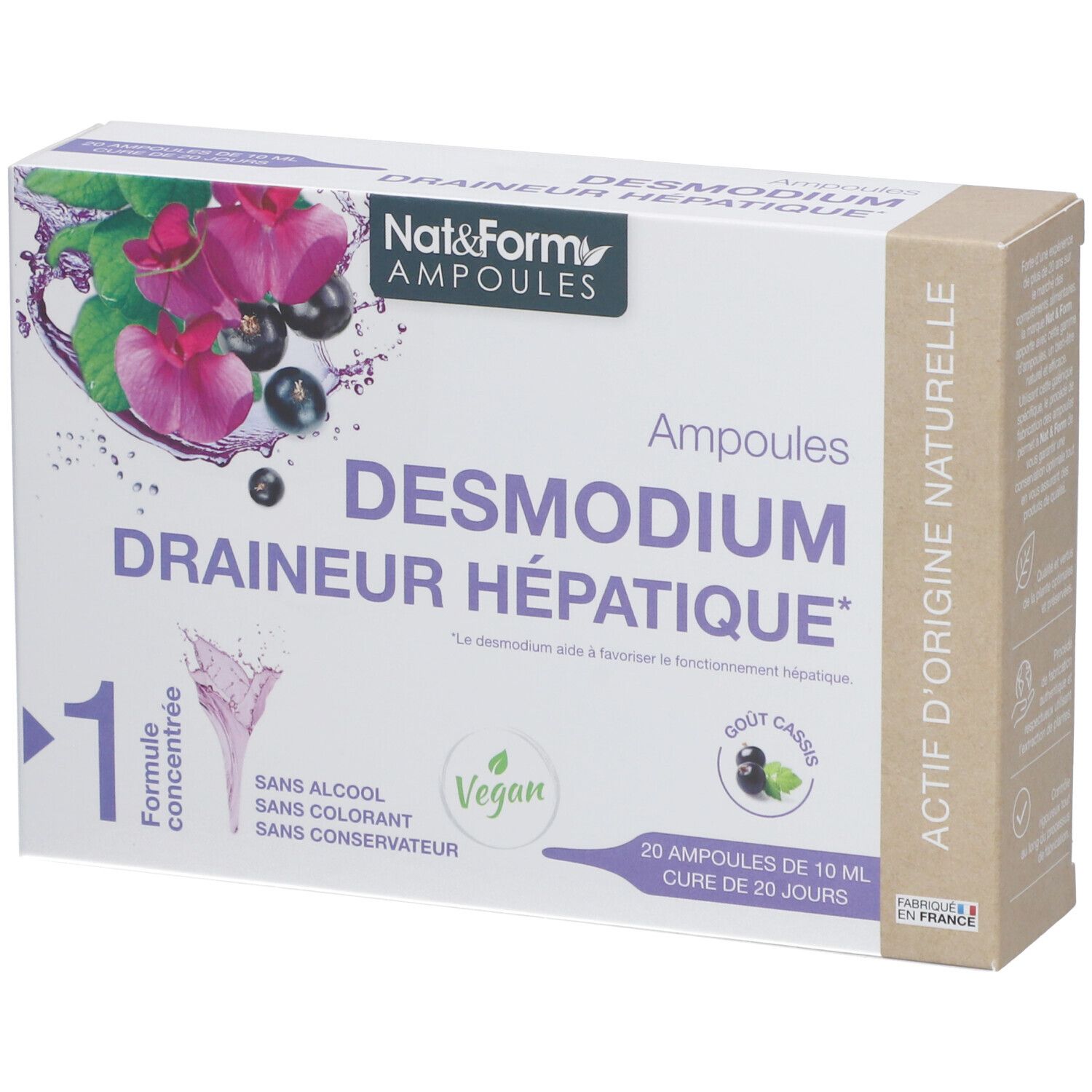 Kartonverpackung mit Produktinformationen. Aufschrift: Nat&Form Ampoules Desmodium. Vegan-Siegel. 20 Ampullen.