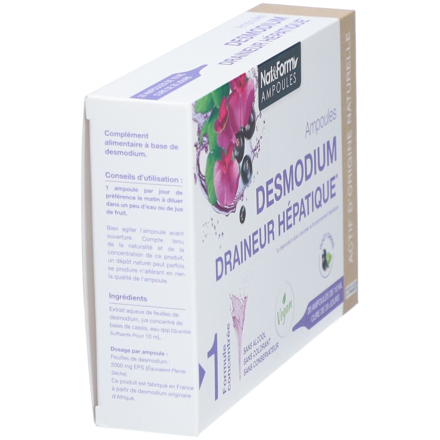 Schräg gestellte Kartonverpackung. Aufschrift: Nat&Form Ampoules Desmodium. Vegan-Siegel. Produktinformationen.