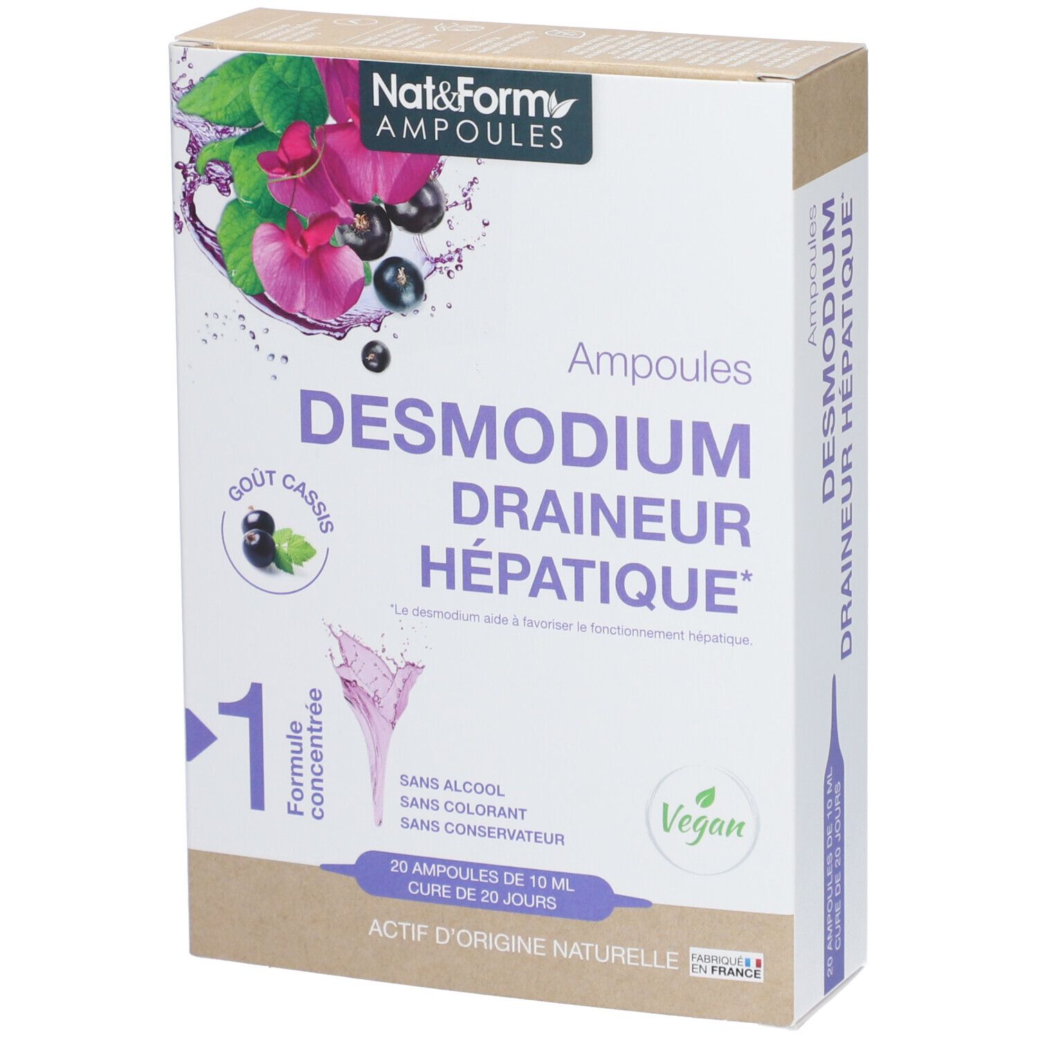 Kartonverpackung mit Produktinformationen. Aufschrift: Nat&Form Ampoules Desmodium. Vegan-Siegel. 20 Ampullen.