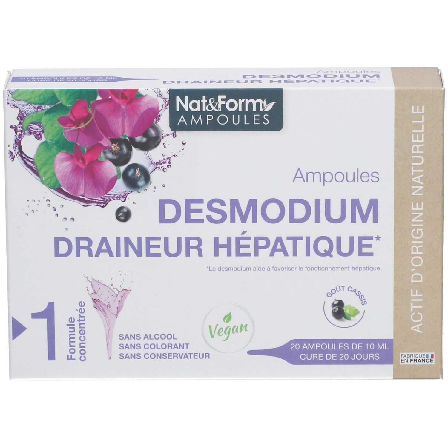 Kartonverpackung mit Produktinformationen. Aufschrift: Nat&Form Ampoules Desmodium. Vegan-Siegel. 20 Ampullen.