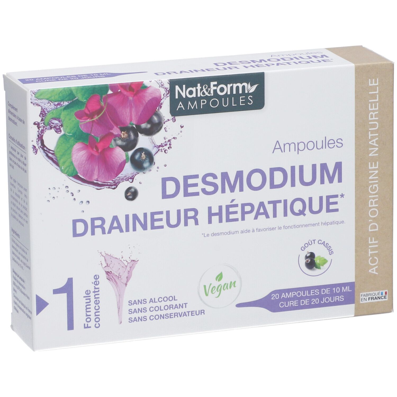 Kartonverpackung mit Produktinformationen. Aufschrift: Nat&Form Ampoules Desmodium. Vegan-Siegel. 20 Ampullen.