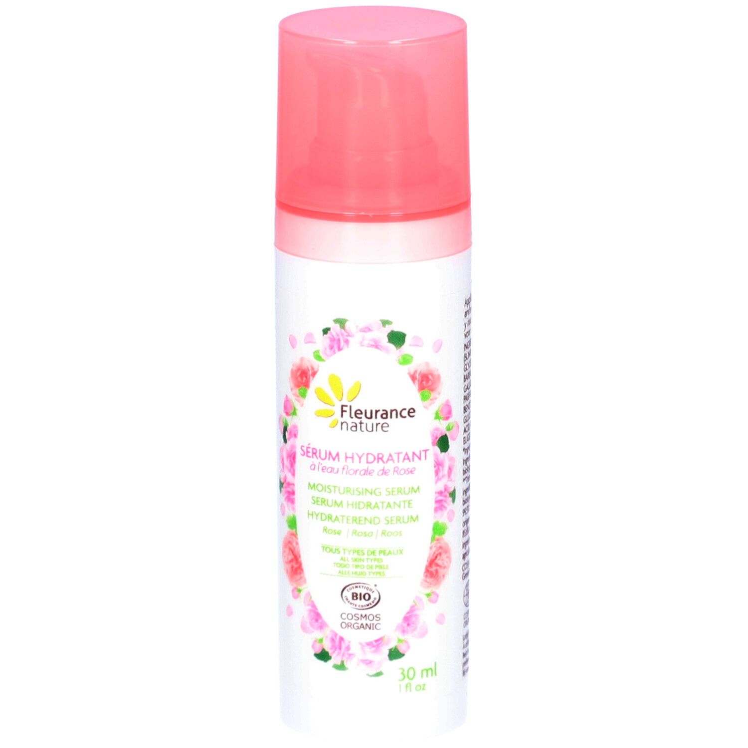 Weiße Flasche mit rosa Deckel. Aufschrift: Sérum hydratant. Bio-Zertifizierung. 30 ml.