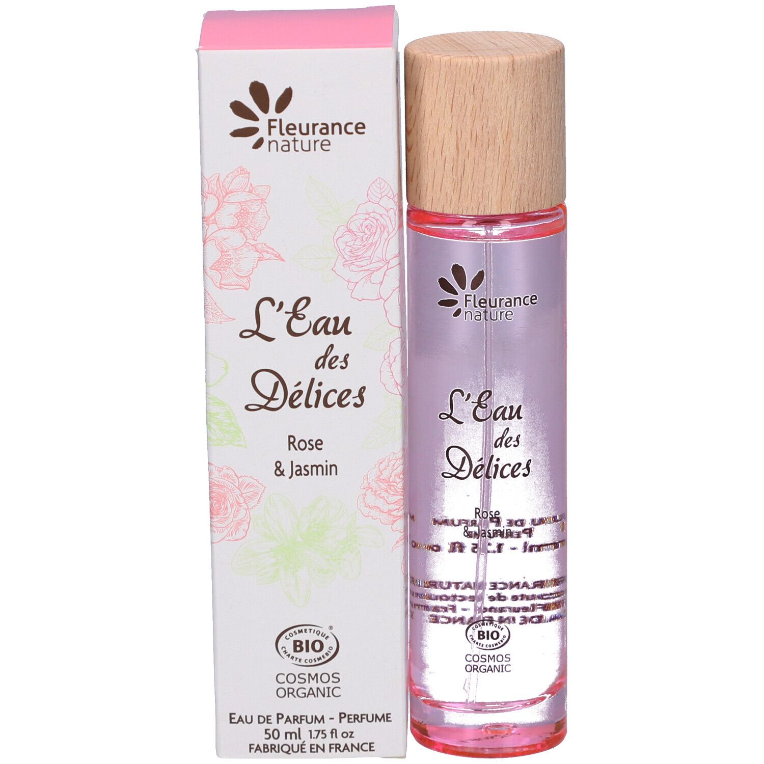 Parfümflasche mit Holzdeckel und Verpackung. Aufschrift: L'Eau des Délices, Rose & Jasmin. Bio-Zertifizierung.