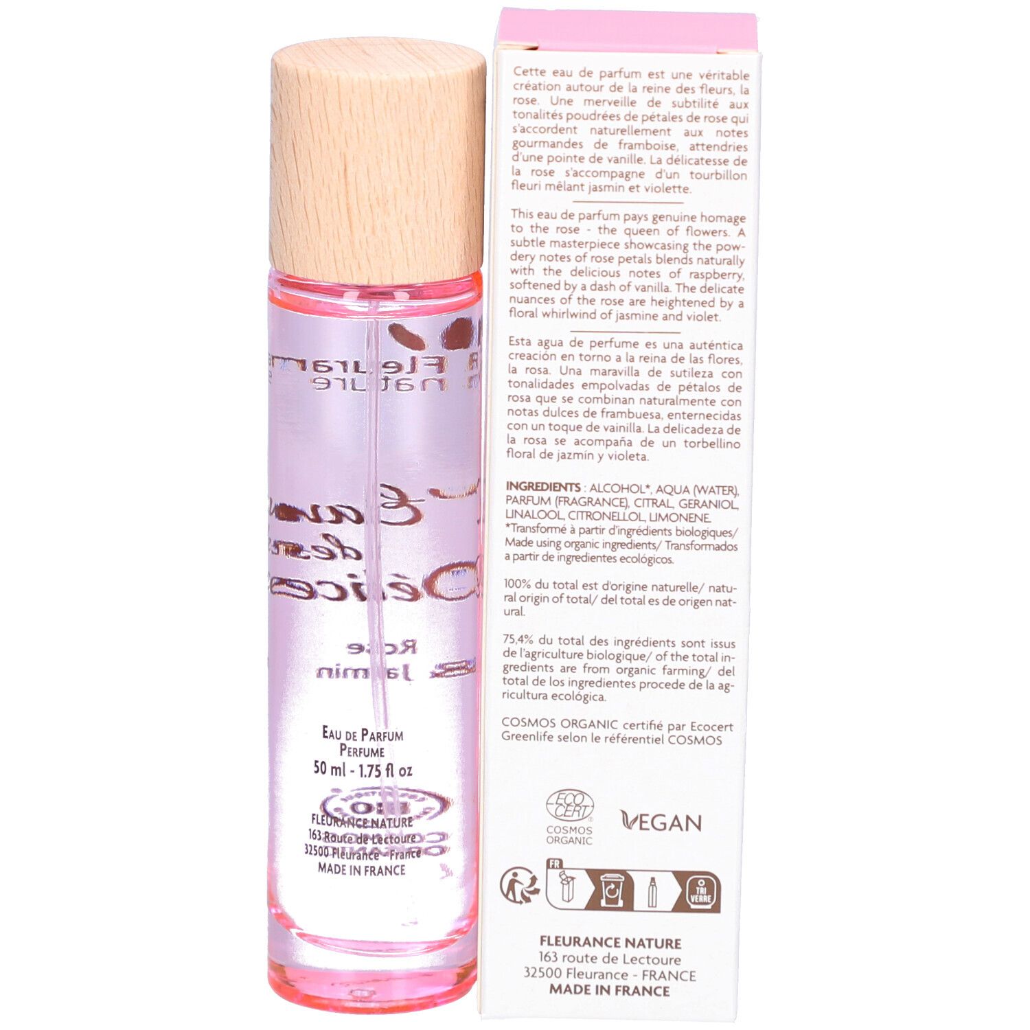 Parfümflasche mit Text. Aufschrift: L'Eau des Délices, Rose & Jasmin. Bio-Zertifizierung. Inhaltsstoffe und Herstellerangaben.