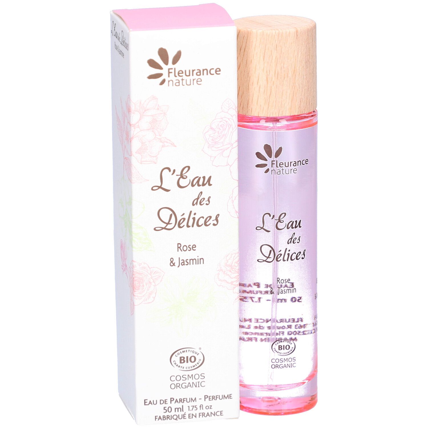 Parfümflasche und Verpackung. Aufschrift: L'Eau des Délices, Rose & Jasmin. Bio-Zertifizierung.