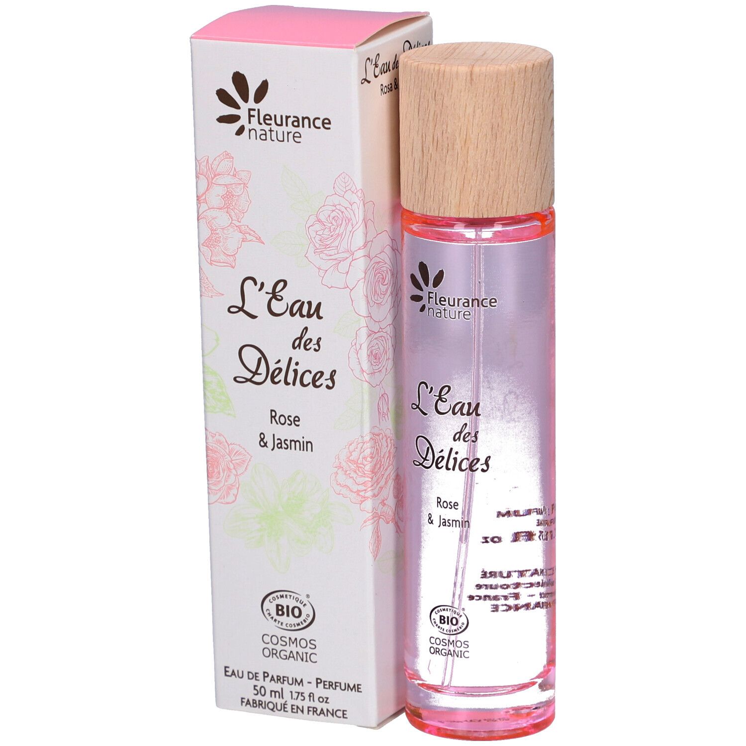 Parfümflasche und Verpackung. Aufschrift: L'Eau des Délices, Rose & Jasmin. Bio-Zertifizierung.