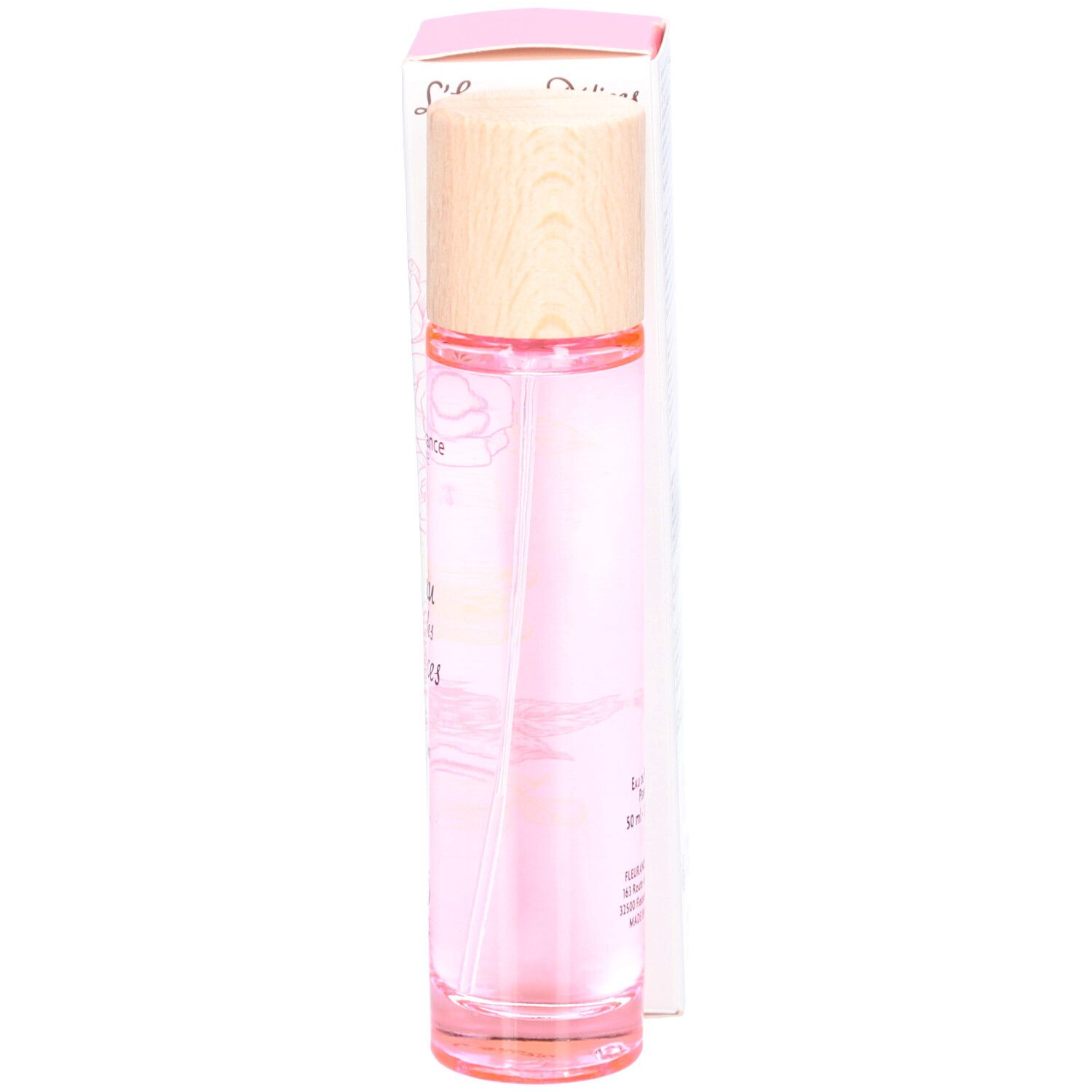 Parfümflasche mit Holzdeckel und Verpackung. Aufschrift: L'Eau des Délices. Bio-Zertifizierung.