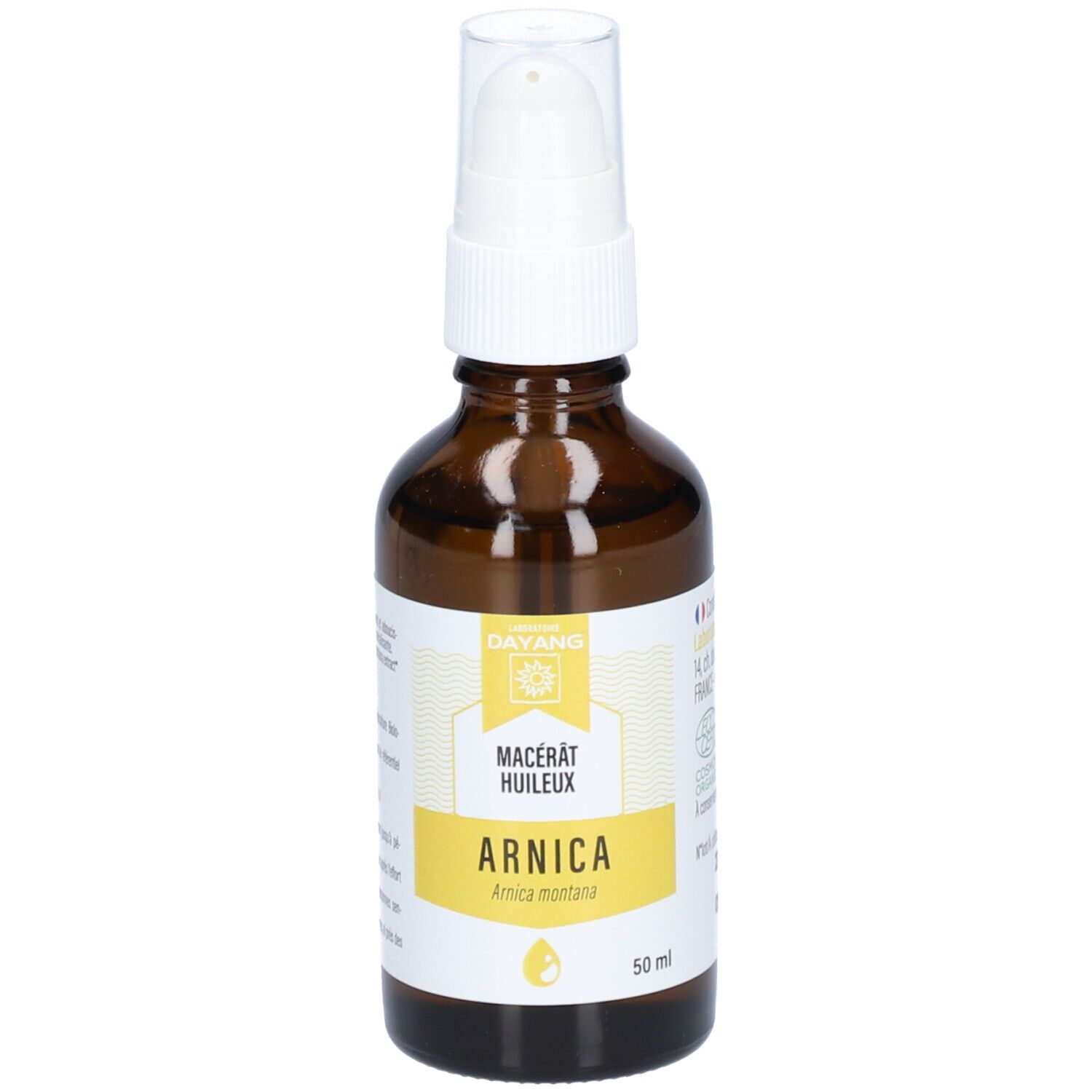 Braune Glasflasche mit weißem Sprühkopf. Auf dem Etikett steht "ARNICA" und "Macerat Huileux".
