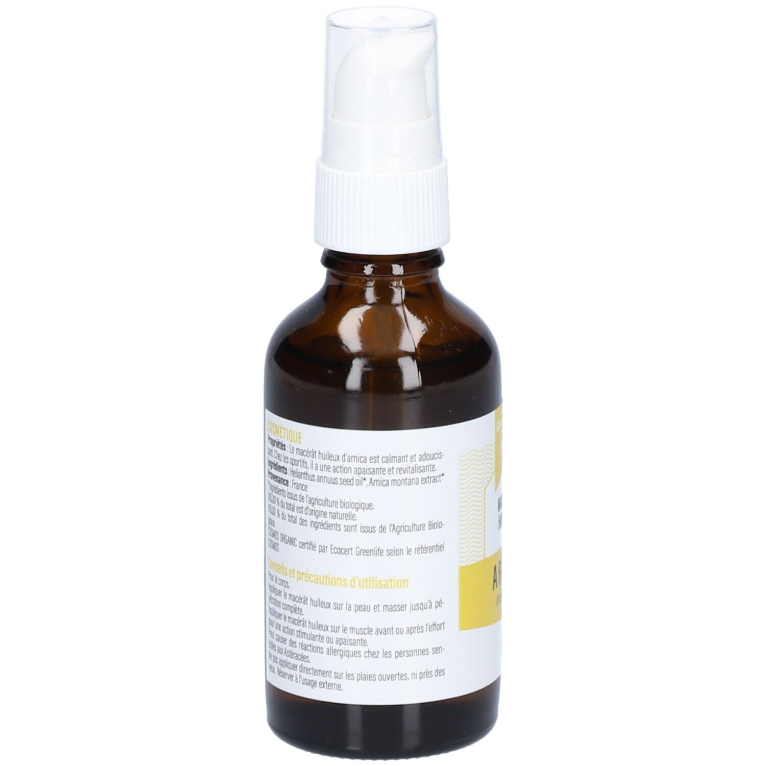 Rückansicht der braunen Glasflasche mit weißem Sprühkopf. Etikett mit Text, u.a. "ARNICA" und Inhaltsstoffe.