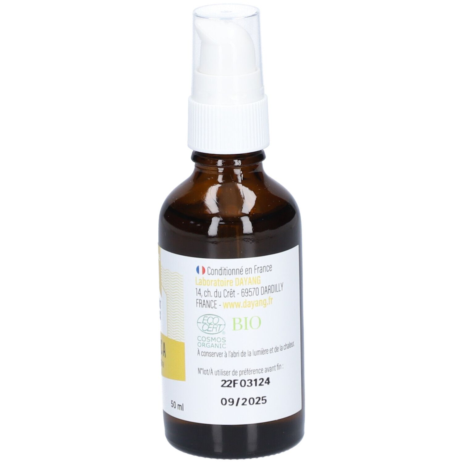 Braune Glasflasche mit weißem Sprühkopf. Etikett mit Text, u.a. "ARNICA", Bio-Zertifizierung und Verfallsdatum.